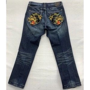 Vtg Ed Hardy Denim Jeans Button Fly Blue Men’s 38X34 Puma Stitched Distressed